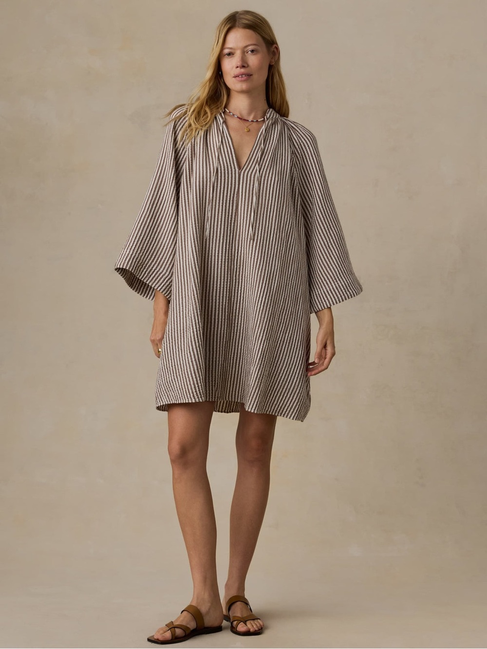 Faherty Striped Cream and Brown V‑Neck Swim Coverup